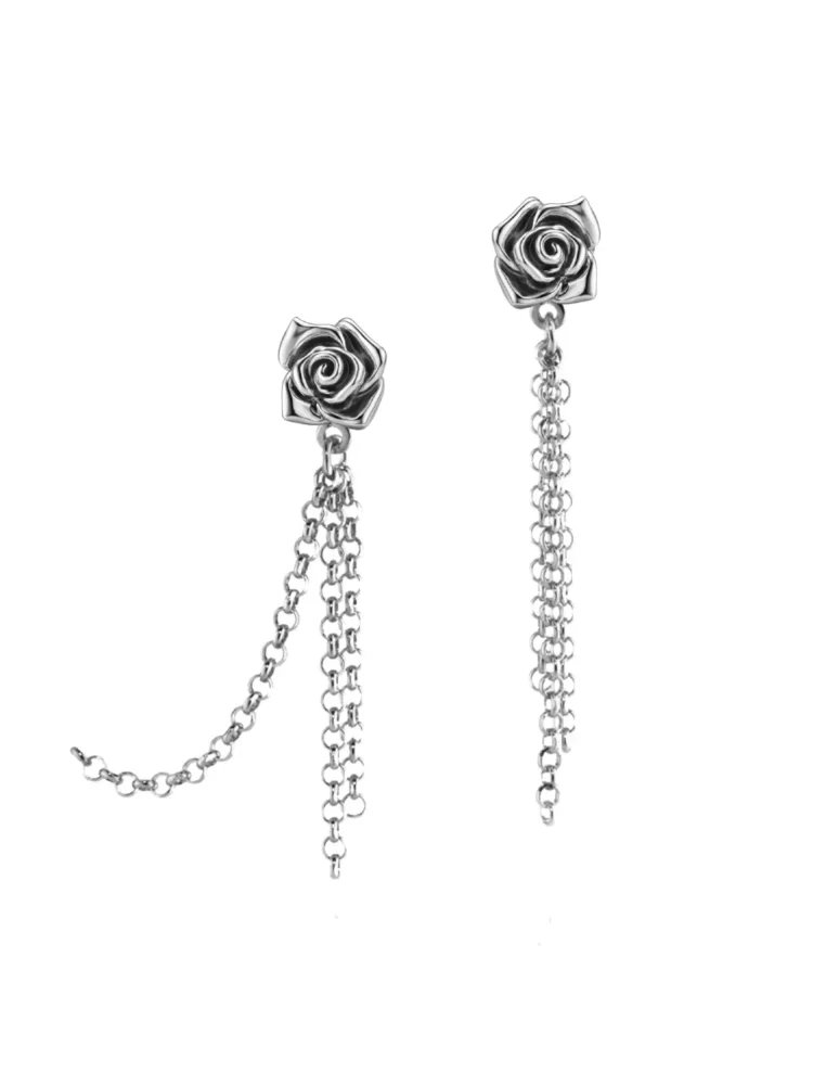 Orecchini Rosa Scolpita Con Catene Pendenti Argento 925