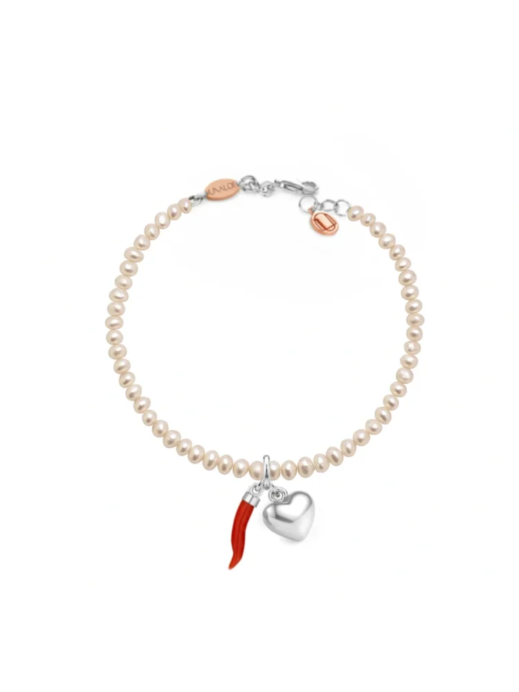 Bracciale Perle con Corno in Corallo e Cuore Silver