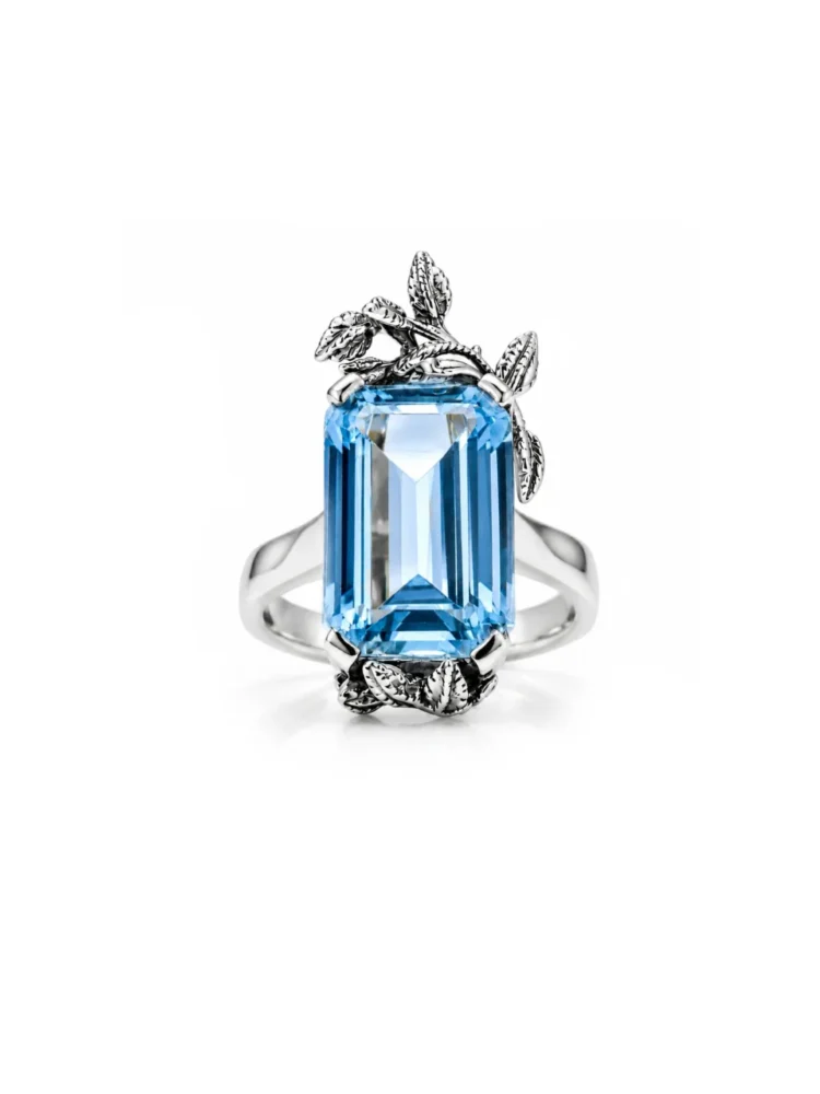 Anello acquamarina foglie Argento 925 Unaloe con pietra naturale azzurra