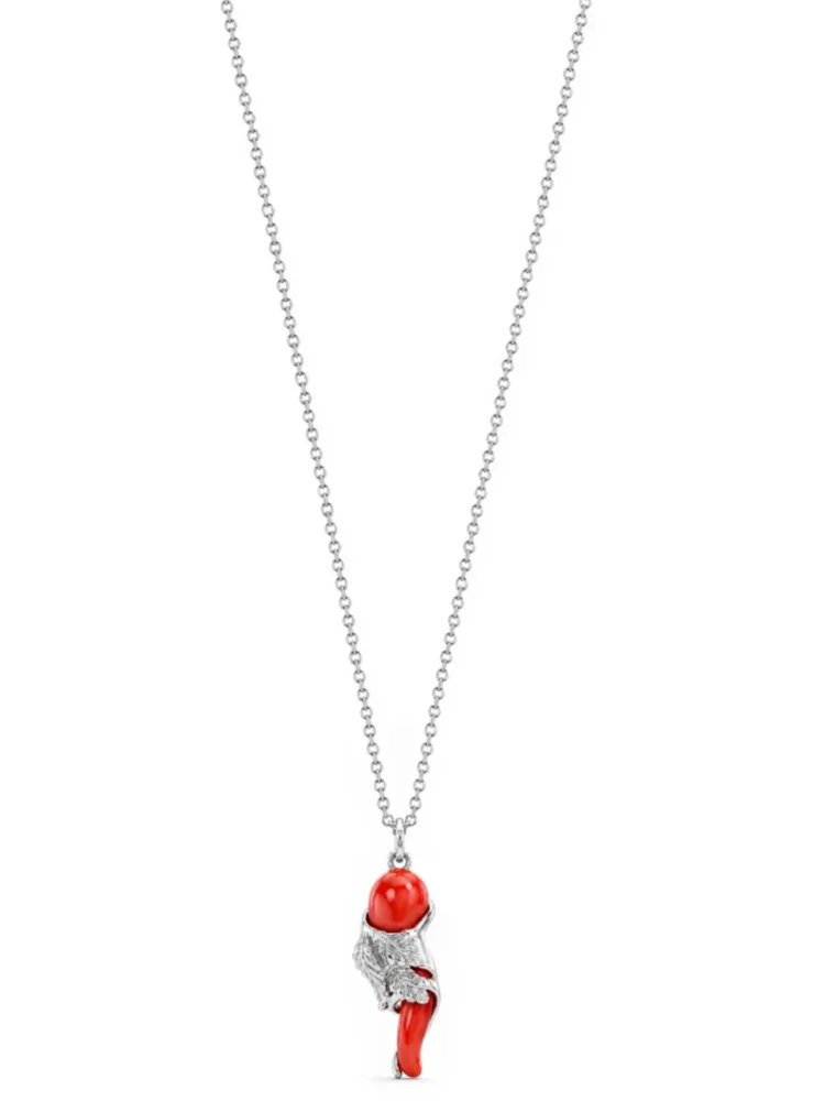 Collana Cornetto Rosso con Foglie Argento 925