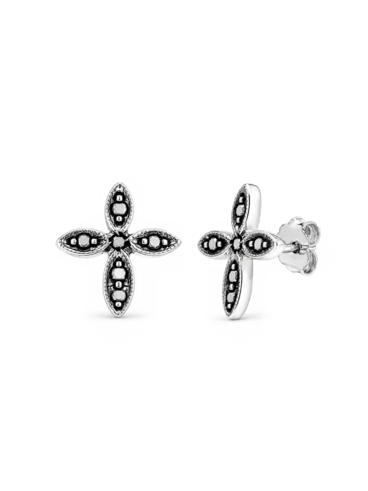 Orecchini croce floreale argento 925 brunito Unaloe