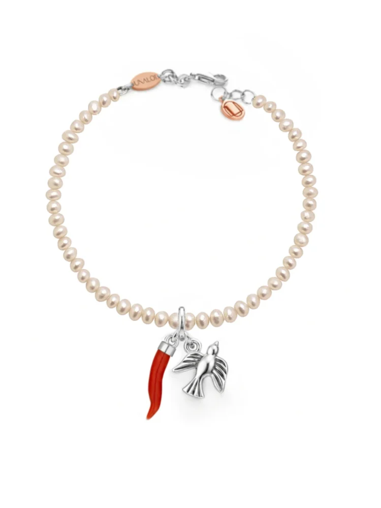 Bracciale perle con corno in corallo e colomba Argento 925